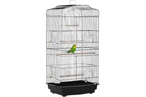 PawHut Jaula para Pájaros 46,5x35,5x92 cm Pajarera de Metal con Puertas 4 Comederos 3 Perchas Columpio Bandeja Extraíble y Asa de Transporte para Loro Canario Periquito Negro