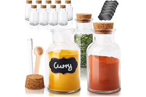 Amazy Portaspezie salvaspazio in vetro (set di 12) - Barattoli porta spezie ermetici con coperchio di sughero incl. 12 etichette, 2 cucchiai di legno, penna a gesso per etichettare (150ml)