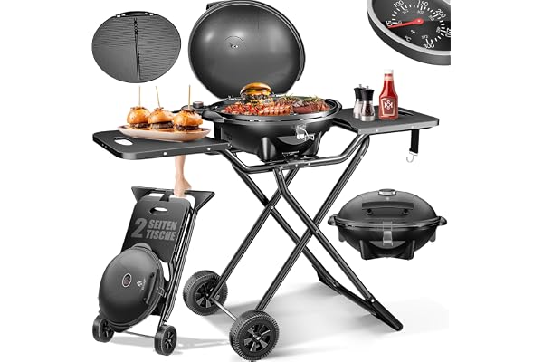 KESSER® Gril électrique | Gril de table 2 en 1 | Barbecue sur gril avec couvercle et pieds | 2400 watts maximum | Pliable | Thermomètre | Revêtement antiadhésif | Plaque pour grillade | noir