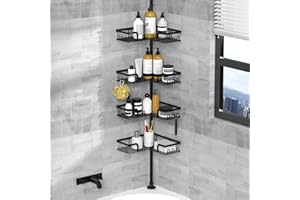 Kegii Telescopic Shower Caddy, Corner Shower Shelf Bathroom Corner Storage Bath Organizer Caddy without Drilling, 4 Basket Black
