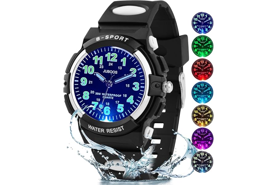 Juboos Kids Watches for Boys and Girls, 7 Color Dial Waterproof Analog Quartz Watch with Soft Band, Time Teaching Watch for Kids 5-16