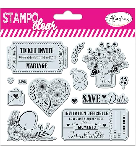 Tampon Mariage 'Ticket Invité' Aladine - Support Bois Blanc, Motif Rose Pour Faire-Part Et Scrapbooking