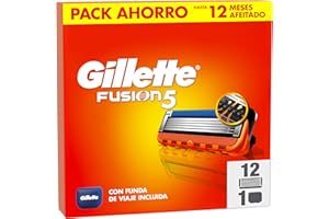 Gillette Fusion5 Pack de 12 Recambios Para Maquinillas De Afeitar, Cuchillas De Afeitar Con 5 Hojas, Banda De Gel Lubricante y Recortadora De Precisión