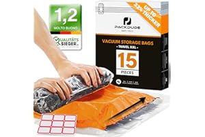 PACKDUDE Sacchetti Sottovuoto Vestiti Viaggio da Arrotolare I 15 PEZZI I Dim.: 5x 70x50cm/ 5x 60x40cm/ 5x 50x35cm I Buste Sottovuoto Vestiti da Viaggio senza Valvola I Sacchetti Sottovuoto Viaggio