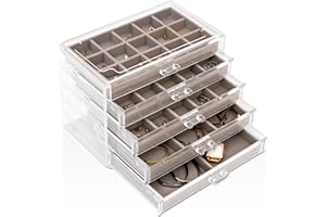 Sasha Morel Jewellery Box - Clear Acrylic Women's Jewellery Organiser - 5 Drawers, Velvet Earring Holder, Organiser Box for Accessories - Stackable, Stylish & Sturdy Design - Gift for Mum - Grey