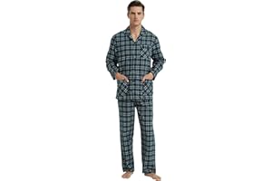 GLOBAL Pijamas para Hombre Franela Cómodo Ropa de Dormir Largo Suave Conjunto de Algodón Hombre Pijamas Manga Larga Botones y Pantalones Cintura Elástica Cordón