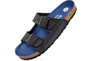 ELEWERT® Leder-Sandalen für Damen und Herren | Gepolsterte Pantoletten mit Memory Foam | Hausschuhe mit anatomischem Korkfußbett | Sommer-Flip-Flops mit Schnalle | Made in Spain | Biocomfy | EU37/47