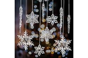 Feelhap 47 Pezzi Decorazioni Natalizie Acrilico, Natalizie Decorazioni Appendere Ornamenti Natalizi Trasparente, Ghiaccioli Fiocco di neve di Natale Ghiacciolo con Linea di Cristallo Ornamenti Set