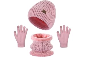Simannie Girls Hat Scarf and Gloves Set - Warm Thermal Knit Girls Boys Hats Beanie for Ages 8-15, Elastic Fit for Skiing/Snow Play