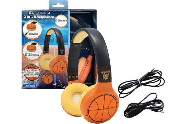 Lexibook - Basketball - Casque Audio 2-en-1 Bluetooth & Filaire avec Micro et Bouton de contrôle, Pliable et Ajustable, Batterie Rechargeable Longue durée - HPBT010BA