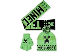 Minecraft Set aus Mütze, Handschuhen und Schal für Jungen | Gestrickte Wintermütze mit Bommel für Kinder, Einheitsgröße, Grün | Warme Handschuhe und Schal mit Creeper-Charaktergesicht und Logo Mojang