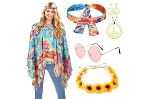 ATOWORLD Hippie Kostüm Damen Set mit Hippie Poncho Damen und Zubehör Karneval Faschingskostüme Damen Hippie Kleidung Damen Boho Flower Power 60er 70er Jahre Bekleidung Damen Frau 70er Mode Disco Outfit Damen