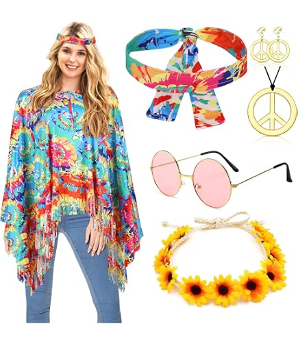 Disfraz Hippie Para Mujer Con Poncho De Flecos, Blusa, Vestido, Banda De Plumas Y Pendientes, Ideal Para Carnaval, Halloween Y Fiestas Temáticas