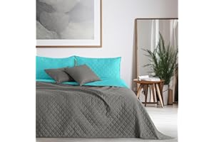 ‎DECOKING DecoKing Tagesdecke Bettüberwurf 220x240 cm Türkis Grau Steppdecke Überwurf Zweiseitig Gesteppt Prägemuster Rauten Stahl Anthrazit Axel 220 x 240 cm