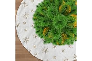 Jsdoin Falda del árbol de Navidad, 90cm Doble Capa de Felpa Blanco, Estampado de Copo de Nieve Oro para Navidad Fiesta Nuevo Casa Decoración