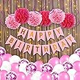 Party Propz Birthday Decoration Items for Girl - 37Pcs Pink Decorations for Birthday | Happy Birthday Banner with Led Lights | Decoration Items for Party | Pompom Ball | Curtain for Decoration