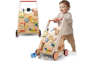 SUN BABY Trotteur bebe XXL, chariot de marche en bois - trotteur bebe garcon - trotteur bebe fille, Trotteur Avec Un Tableau D'activité, chariot de marche bebe, pour enfants, trotteur pousseur (Marron)