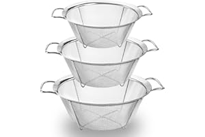 Dicunoy Set of 3 Strainers and Colanders, Stainless Steel Mesh Strainer Basket with Handle, Stackable Mesh Footed Colander for Rinse Food, Fruit, Vegetable, Strain, Drain (2.8/3.4/5.7L)