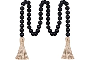 Meplait 39in Wood Bead Garland with Tassels, Farmhouse Rustic Decor Prayer Beads Boho Tassel Garland Wall Hanging Home Decor (Black)