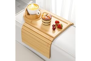 Kssiaz Couch Arm Tray, Bamboo Sofa Table for Couch, Sofa Arm Tray with Cup Holder, Non-Slip Armrest Organizer for Drink, Cup, Snack, Control, Easy to Clean, Natural