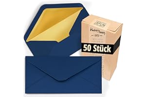 Japun - enveloppes (50 pièces), enveloppe sans fenêtre - DIN long - 220 x 110 mm - intérieur : or - couleur du papier : bleu