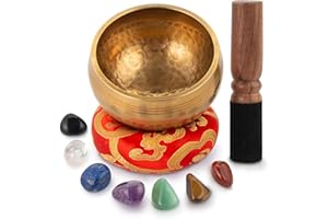Tibetan Singing Bowl Set - Easy To Play for Beginners - Authentic Handcrafted Mindfulness Meditation Holistic Sound Bowl 7 Chakra Healing Gift by Himalayan Bazaar (4 Inch with Chakra Stones)