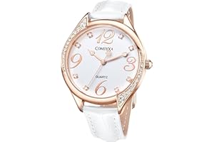 COMTEX Orologio Donna Bianco da Polso con Cassa in Diamante Oro rosa,Cinturino in Pelle Bianco