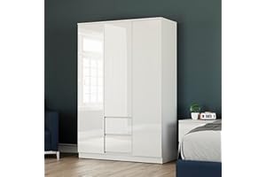 Vida Designs Glinton High Gloss 3 Door 2 Drawer Wardrobe Bedroom Storage Organiser with Hanging Rail Modern Furniture 100% FSC Certified (White, 3 Door 2 Drawer)