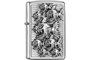 Zippo Piranhas Comic Zapalniczka Sztormowa, Emblemat, do Napełniania, Wielokrotnego Użytku, Wiatroodporna Konstrukcja, Pudełko na Prezent, Wykonano w USA, Szczotkowany Chrom