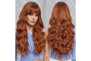 EMMOR Pelucas rojizas marrón ombré para mujeres Pelucas largas y rizadas con flequillo Fibra sintética resistente al calor Pelucas sintéticas de aspecto natural para uso diario