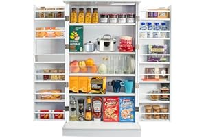 Ezigoo Pantry Cupboard 103cm Kitchen Cabinet with Countertop & Adjustable Shelves with Guardrail, Free Standing Storage Units as Multifunctional Space-saving Organizer for Kitchen Dining Living Room