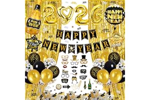 WEQTWL Silvester Deko 2026, Neujahr Deko 2026 Set, Happy New Year Banner, Schwarz Gold Konfetti Ballons, 2026 Folienballon, Glitzer Vorhänge, Fotorequisite Silvesterparty