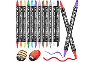 Maqhpu Acrylstifte für Steine Wasserfest, Steine Bemalen Stifte Set Kinder, 12 Farben Stifte Steine Bemalen, 0.5-5mm Dual Tip Acrylmarker für Holz, Glas, Keramik, Leinwand, Basteln Erwachsene Kinder