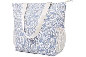 WANDF Floral Beach Tote Water-resistant Beach Bag Large Shoulder Bag for Yoga Travel with Multi Pockets (Blue Leaf)