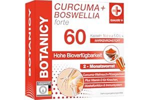 ‎BOTANICY BOTANICY Curcuma + Boswellia forte - 60 Kurkuma Weihrauch Kapseln mit Markenrohstoff NovaSOL - Plus Vitamin D3 für Knochen & Muskeln - Hohe Bioverfügbarkeit, Weihrauch Kurkuma Kapseln Hochdosiert