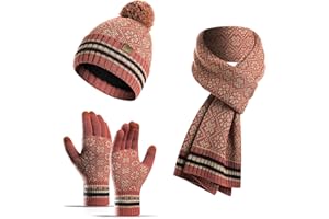 INSISMY Hat Scarf Gloves Set Women's Beanie Hat Long Scarf Thermal Touch Screen Gloves Set 3 PCS Soft Warm Winter Knitted Snowflake Pattern Retro Pom Cap Set for Ladies Men