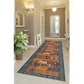 Pelangi Kırkyama Patchwork Kilim Desenli Etnik Dijital Baskı Yıkanabilir Modern Salon Halı ve Yolluk, Kahverengi - Mavi 80 x 