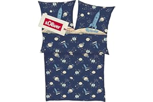 s.Oliver Kinderbettwäsche Universum 135x200 cm - 100% Baumwolle, praktischer Reißverschluss & maschinenwaschbar, Bettwäsche für Kinder Astronaut & Rakete 2tlg. blau