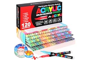 Laconile 120 Couleurs Feutre Acrylique, Stylos Acryliques à Pointe Pinceau pour le Coloriage Adulte ，Acrylic Paint Markers pour Coloriage, Calligraphie, Bois, Toile, Verre, Céramique