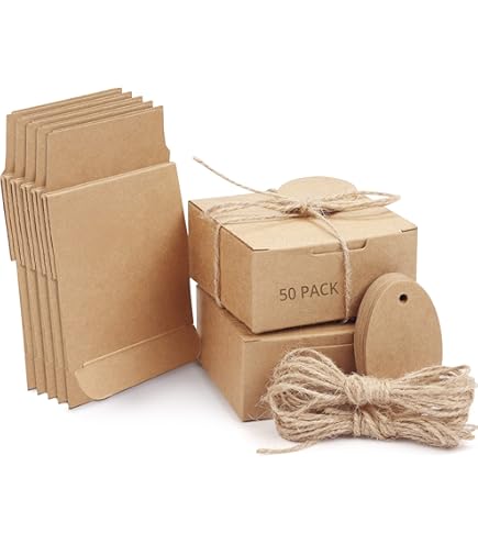 50 Scatoline Regalo In Carta Kraft 10x6x6cm - Con Corda Di Canapa Ed Etichette Per Bomboniere