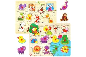 XIONGHONGLONG 2 Stück Holzpuzzle Steckpuzzle ab 1 2 3 Jahre,Greifpuzzle Holzspielzeug,Montessori Lernspielzeug für Baby Kinder Junge Mädchen,mit Griffigen Holzknöpfen,Bauernhof,Dschungeltiere Motive Geschenke