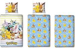 FAMILANDO Juego de ropa de cama de 3 piezas, 135 x 200 cm, 80 x 80 cm, con sábana bajera ajustable de 90 x 200 cm, Pokémon Pikachu azul claro, ropa de cama infantil 100% algodón linón, con cremallera
