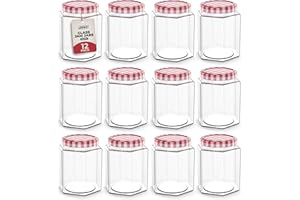 ZENO Glass Jam Jars 250ml | Glass Preserve Pots with Screw Top Red Gingham Lids | Airtight Pickle Jars | Homemade Jam | Marmalade & Chutney Jar (12 Pack)