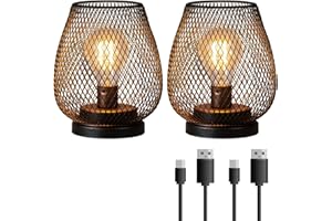 DECORKEY Set of 2 Rechargeable Lamp LED Table Lantern, Brown Metal Cage Cordless Lamps with LED Bulb，Vintage Decorative Outdoor Lantern for Weddings, Parties, Patio, Events for Indoors Shelf Decor