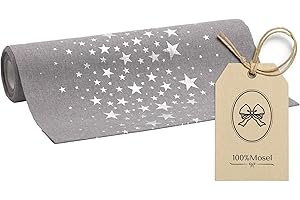 100%Mosel Tischläufer Leinenoptik Grau, Sterne in Silber, (28 cm x 5 m), Tischband, edle Tischdeko für Weihnachten & Adventszeit, Festliche Dekoration zu besonderen Anlässen