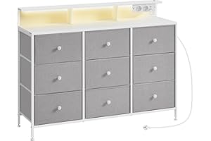 ‎SONGMICS SONGMICS Komoda, szafka do przechowywania z 9 szufladami i oświetleniem LED, listwa zasilająca, stalowa rama, 33,5 x 114 x 84 cm, do sypialni, salonu, gołębi szary LTS519G01