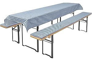 ‎BRANDSSELLER Brandsseller Bierbankauflage (gepolstert) & Tischdecke im 3tlg. Set für alle gängigen Bierzeltgarnituren - 2X Auflagen 220 x 25 x 1,6 cm & 1x Tischdecke 240 x 90cm, Farbe:Blau/kariert