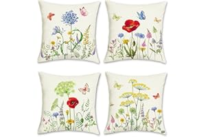 Bonhause Ogrodowe kwiatowe poszewki na poduszki 45 x 45 cm, dwustronne, kwiat, motyl, dekoracyjne poszewki na poduszki, poliester, len, na sofę, łóżko, patio, dekoracja na zewnątrz, zestaw 4 sztuk