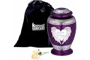 KEEPSAKE COMPANY Lila große Urnen für Erwachsene aus Esche – Engelsflügel und Herz-Design – perfekte Urne für Frauen – Behälter für Bestattungsasche – Urne für männliche Asche, individuell – groß