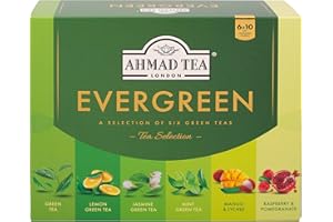 Ahmad Tea Evergreen - Surtido de 6 tés verdes - menta, limón, mango y lichi, frambuesa y granada, jazmín y puro - 60 bolsitas de té selladas con aroma y envasadas individualmente